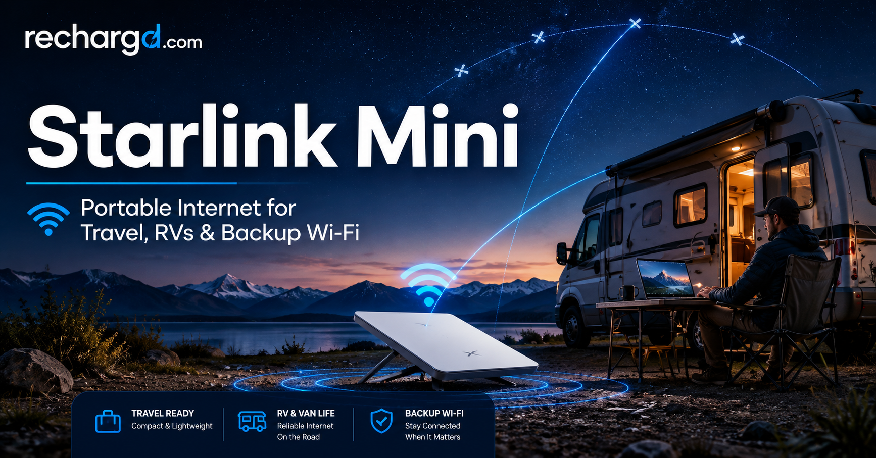 Starlink Mini portable satellite internet setup beside an RV for travel, camping, remote work, and backup Wi-Fi